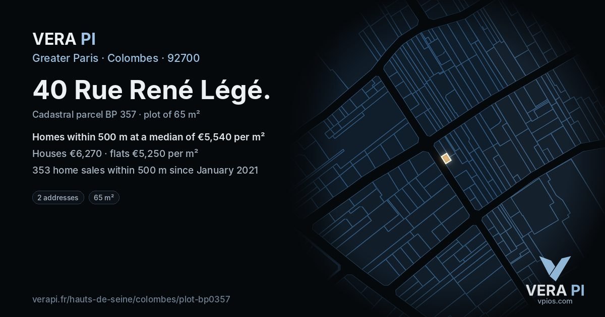 40 Rue René Légé, Colombes at night – the plot lit, the parcels around coloured by the prices near them