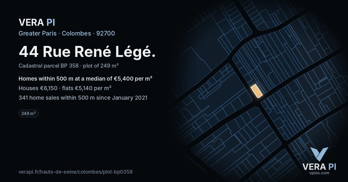 44 Rue René Légé, Colombes at night – the plot lit, the parcels around coloured by the prices near them