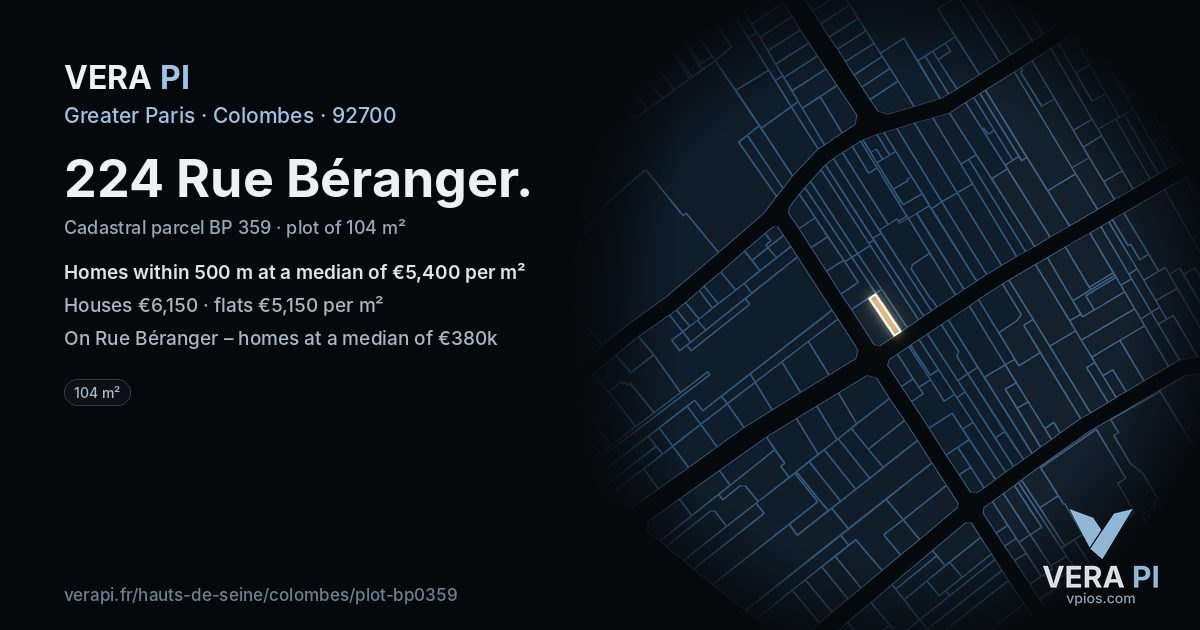 224 Rue Béranger, Colombes at night – the plot lit, the parcels around coloured by the prices near them
