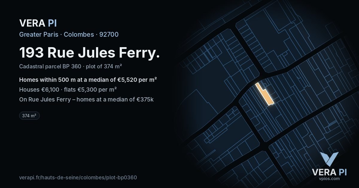 193 Rue Jules Ferry, Colombes at night – the plot lit, the parcels around coloured by the prices near them