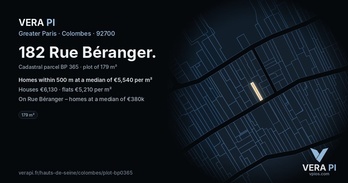 182 Rue Béranger, Colombes at night – the plot lit, the parcels around coloured by the prices near them