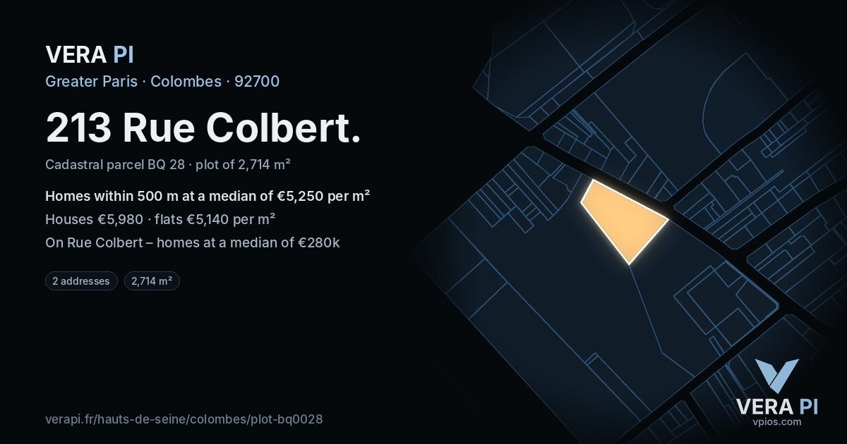 213 Rue Colbert, Colombes at night – the plot lit, the parcels around coloured by the prices near them