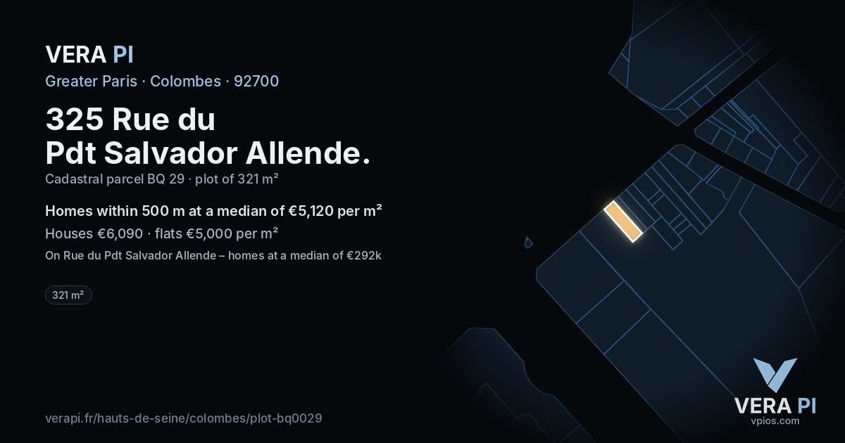 325 Rue du Pdt Salvador Allende, Colombes at night – the plot lit, the parcels around coloured by the prices near them