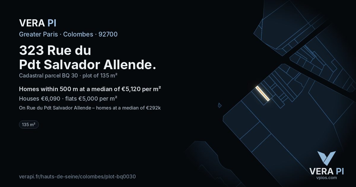 323 Rue du Pdt Salvador Allende, Colombes at night – the plot lit, the parcels around coloured by the prices near them