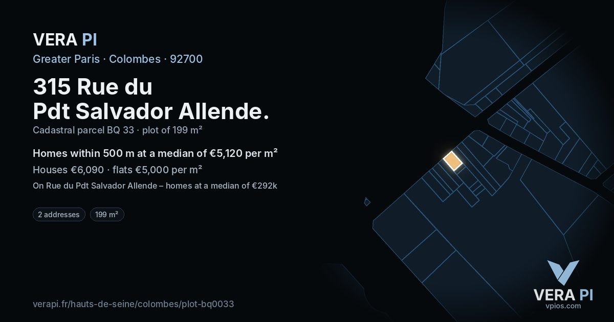 315 Rue du Pdt Salvador Allende, Colombes at night – the plot lit, the parcels around coloured by the prices near them