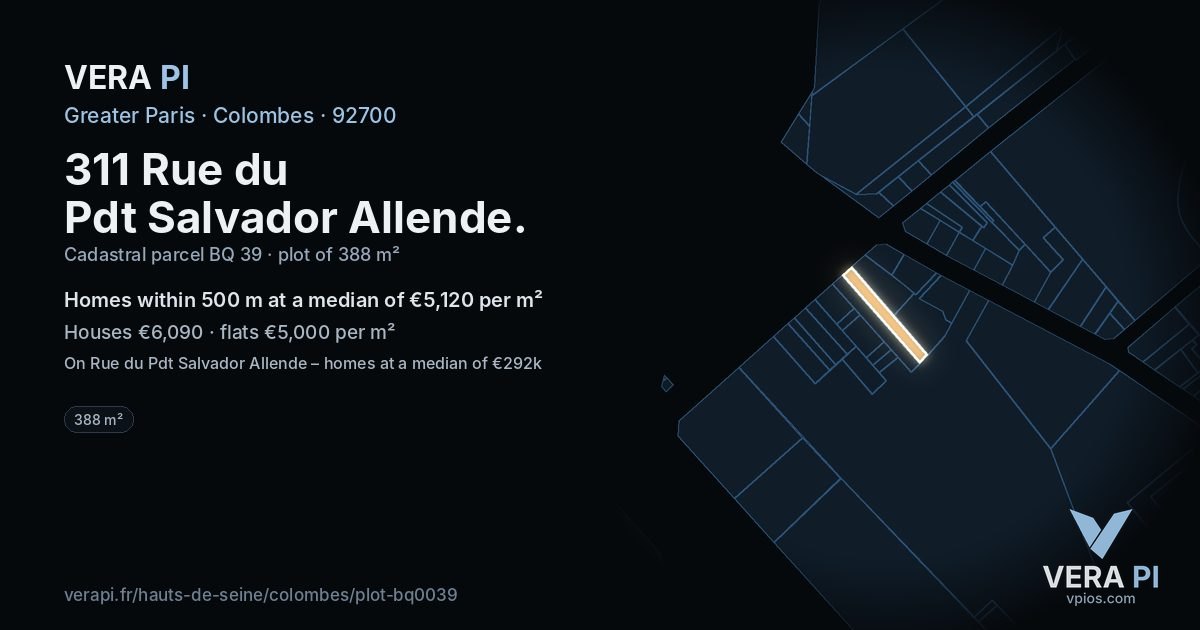 311 Rue du Pdt Salvador Allende, Colombes at night – the plot lit, the parcels around coloured by the prices near them