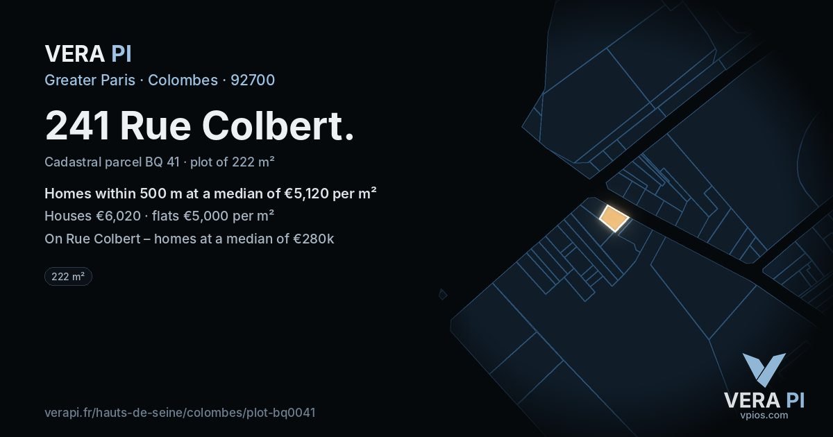 241 Rue Colbert, Colombes at night – the plot lit, the parcels around coloured by the prices near them