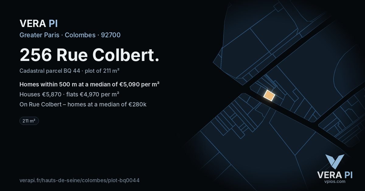 256 Rue Colbert, Colombes at night – the plot lit, the parcels around coloured by the prices near them