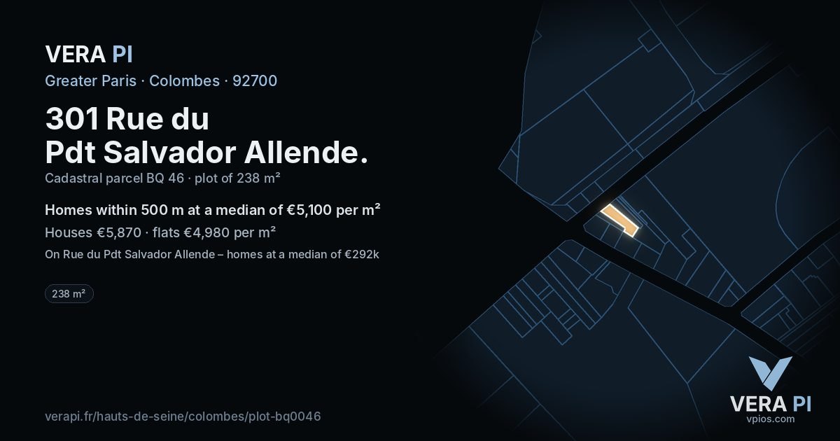 301 Rue du Pdt Salvador Allende, Colombes at night – the plot lit, the parcels around coloured by the prices near them