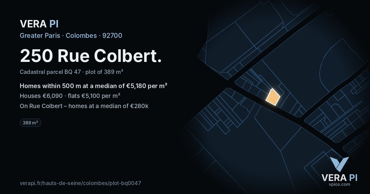 250 Rue Colbert, Colombes at night – the plot lit, the parcels around coloured by the prices near them