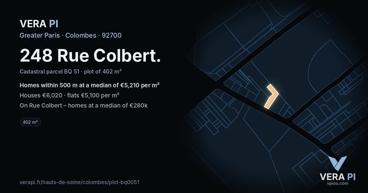 248 Rue Colbert, Colombes at night – the plot lit, the parcels around coloured by the prices near them