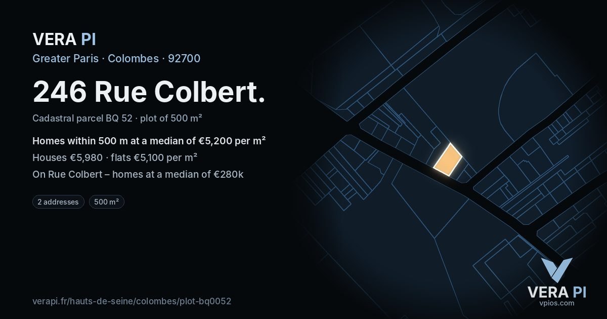 246 Rue Colbert, Colombes at night – the plot lit, the parcels around coloured by the prices near them