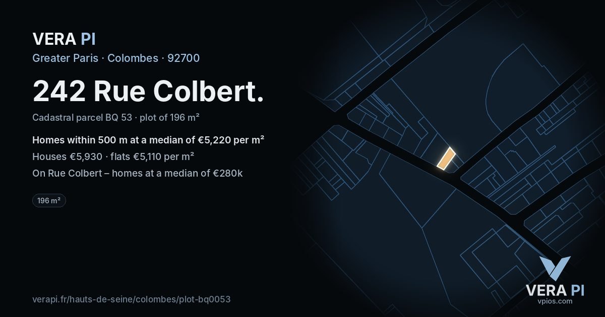 242 Rue Colbert, Colombes at night – the plot lit, the parcels around coloured by the prices near them