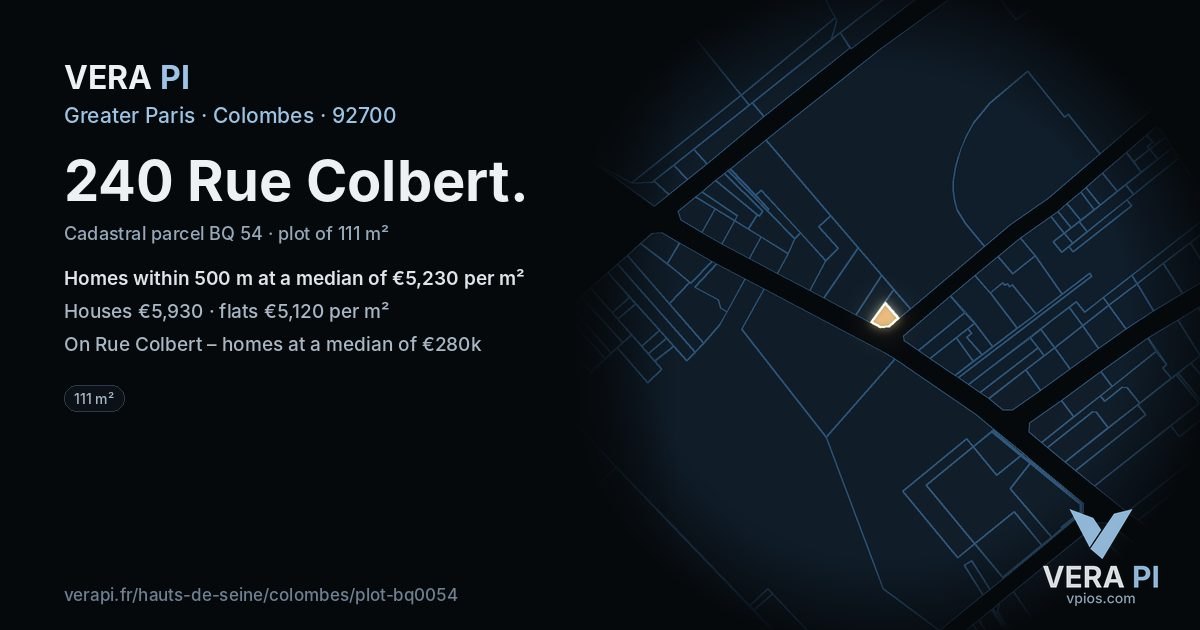 240 Rue Colbert, Colombes at night – the plot lit, the parcels around coloured by the prices near them