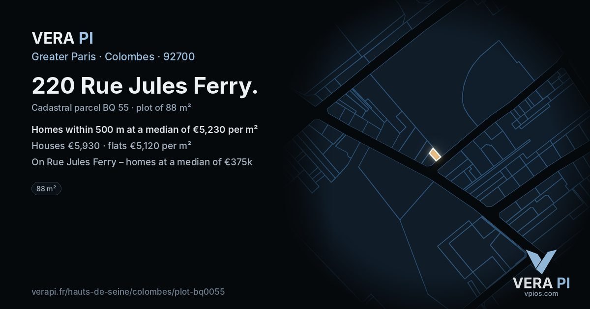 220 Rue Jules Ferry, Colombes at night – the plot lit, the parcels around coloured by the prices near them