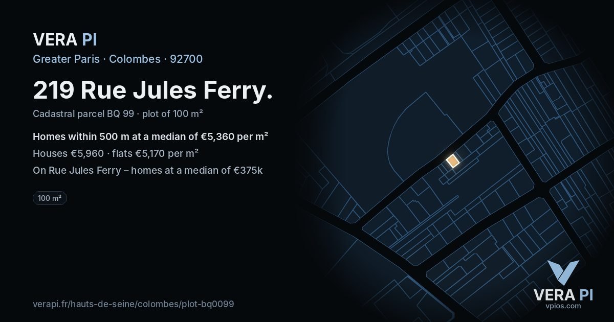 219 Rue Jules Ferry, Colombes at night – the plot lit, the parcels around coloured by the prices near them