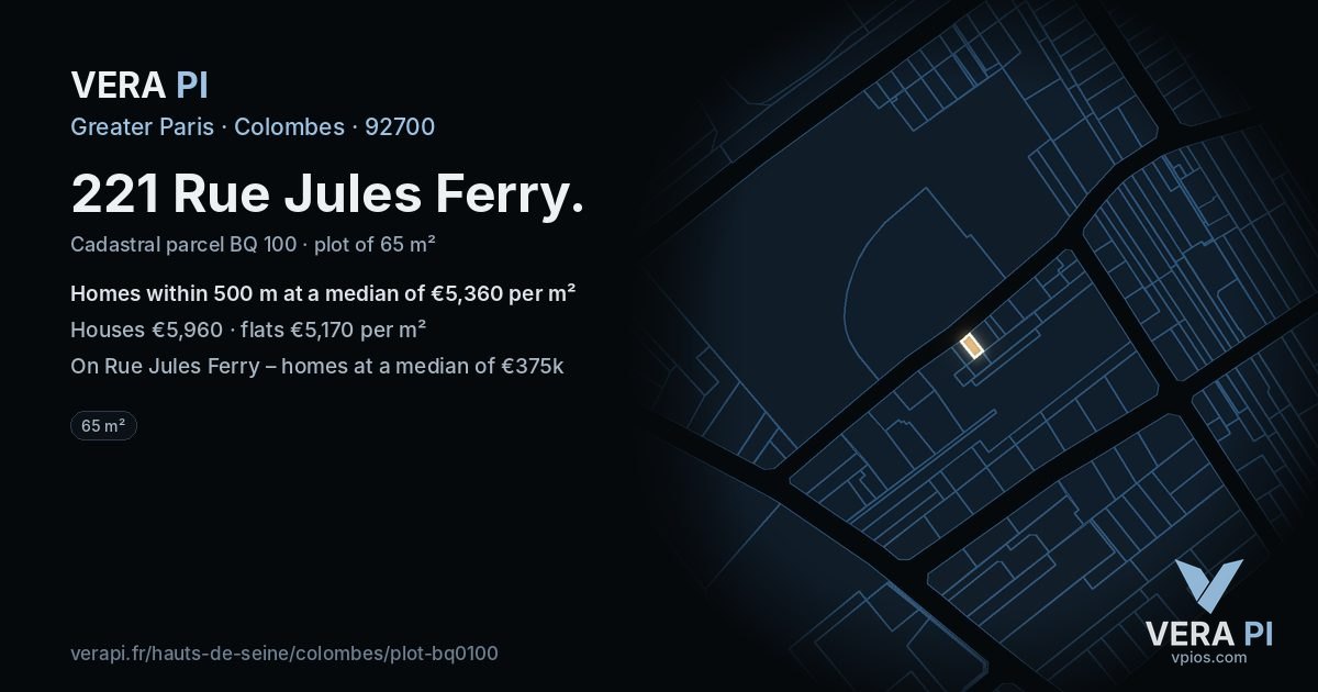 221 Rue Jules Ferry, Colombes at night – the plot lit, the parcels around coloured by the prices near them