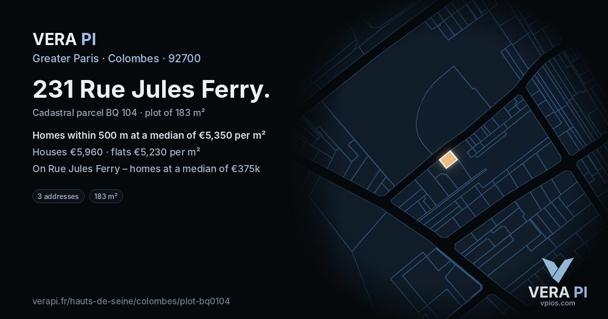 231 Rue Jules Ferry, Colombes at night – the plot lit, the parcels around coloured by the prices near them