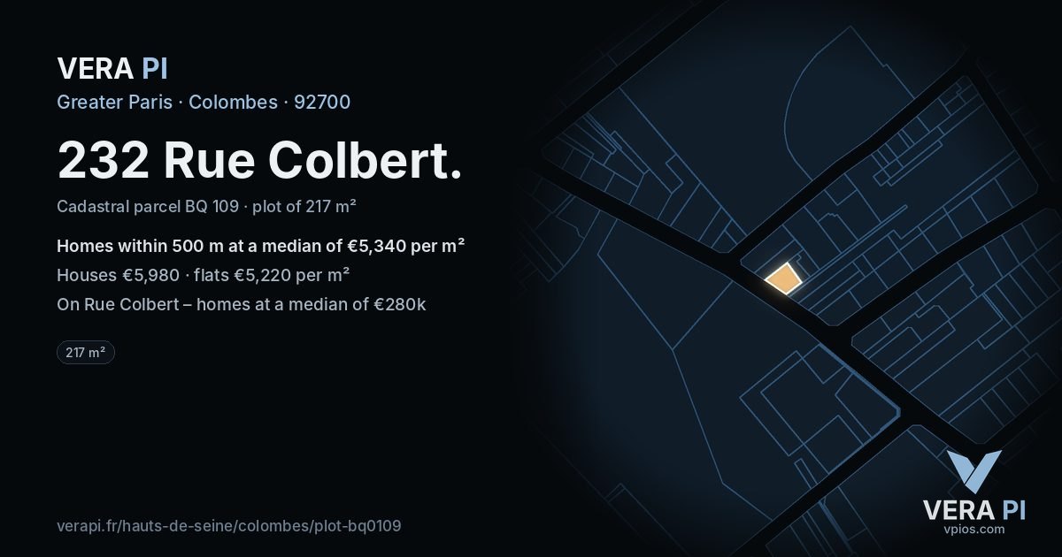 232 Rue Colbert, Colombes at night – the plot lit, the parcels around coloured by the prices near them