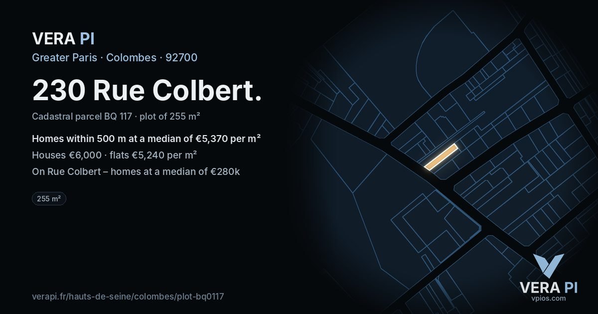 230 Rue Colbert, Colombes at night – the plot lit, the parcels around coloured by the prices near them