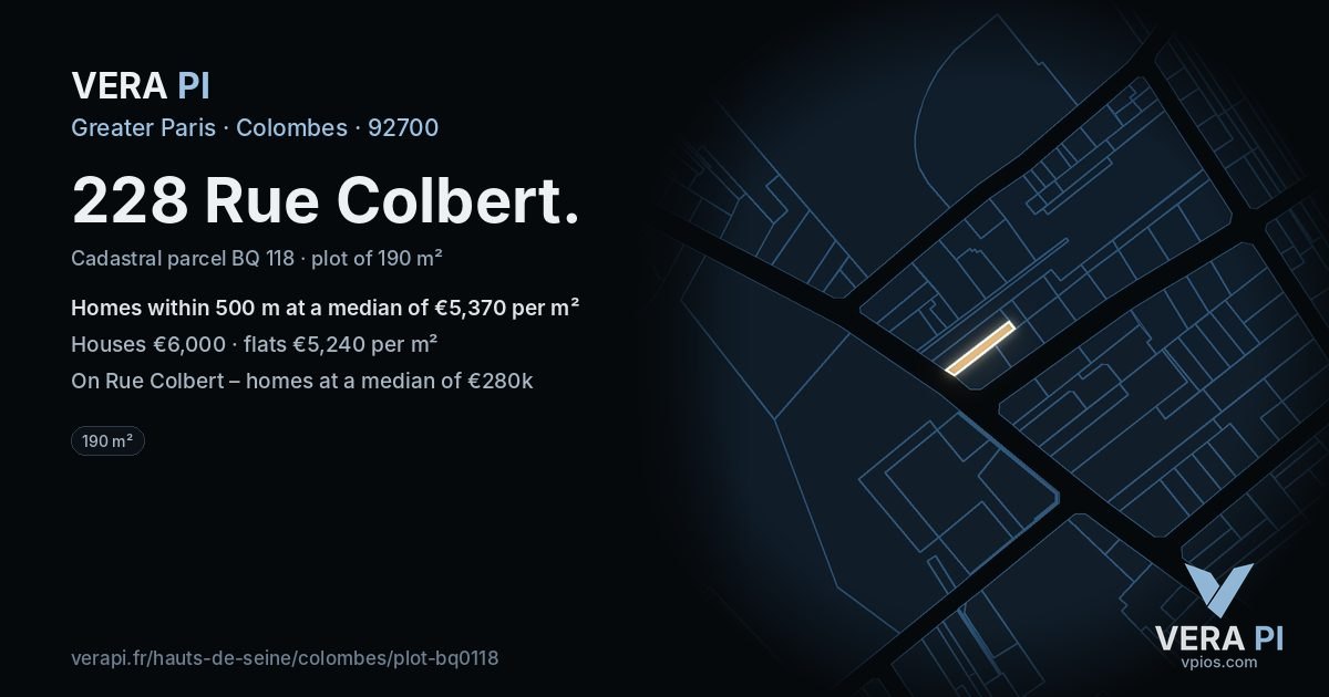 228 Rue Colbert, Colombes at night – the plot lit, the parcels around coloured by the prices near them