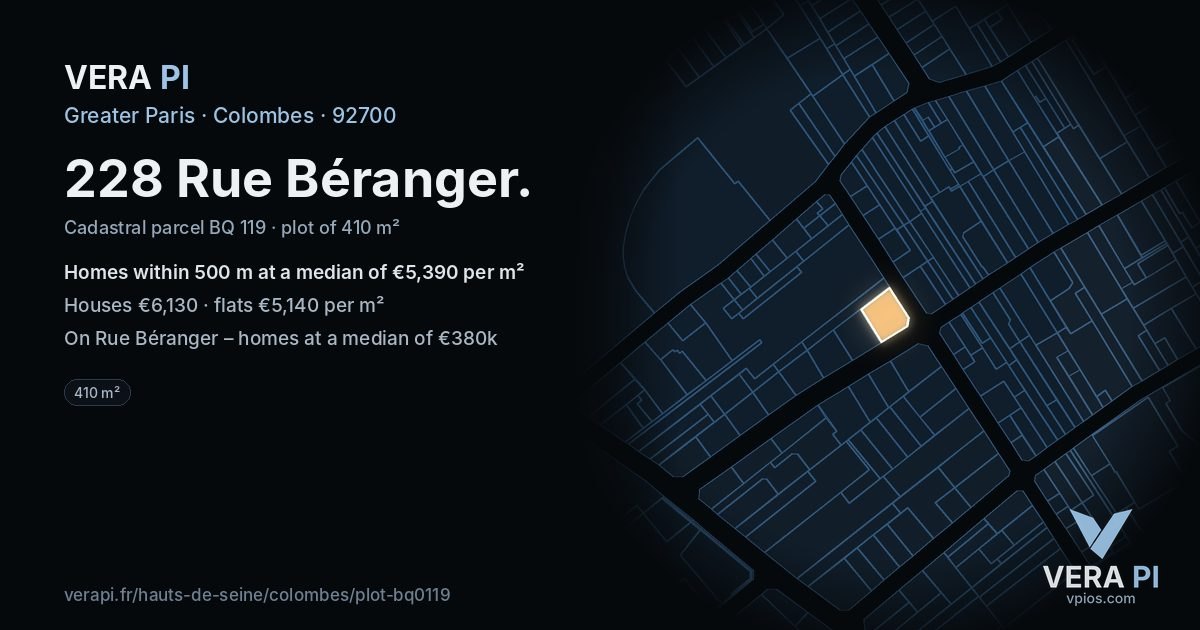 228 Rue Béranger, Colombes at night – the plot lit, the parcels around coloured by the prices near them
