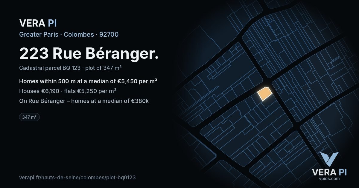 223 Rue Béranger, Colombes at night – the plot lit, the parcels around coloured by the prices near them