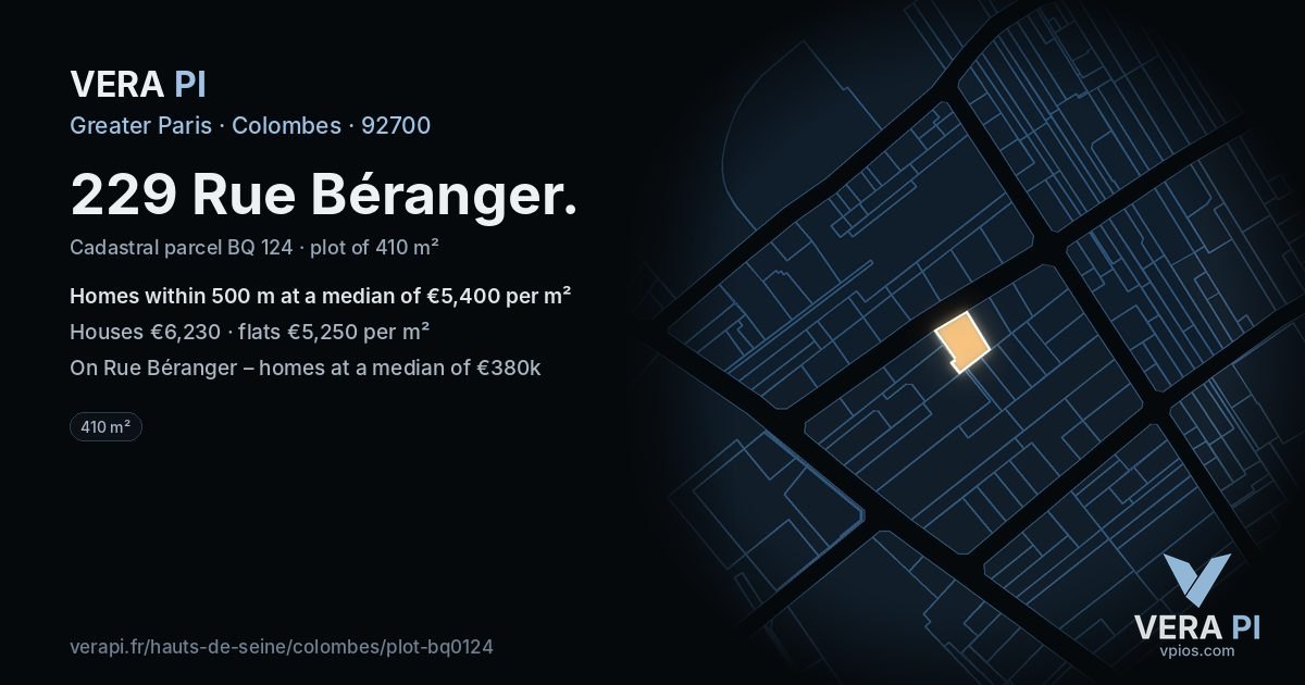 229 Rue Béranger, Colombes at night – the plot lit, the parcels around coloured by the prices near them