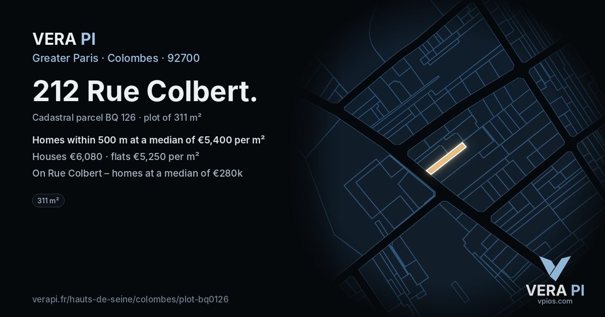 212 Rue Colbert, Colombes at night – the plot lit, the parcels around coloured by the prices near them