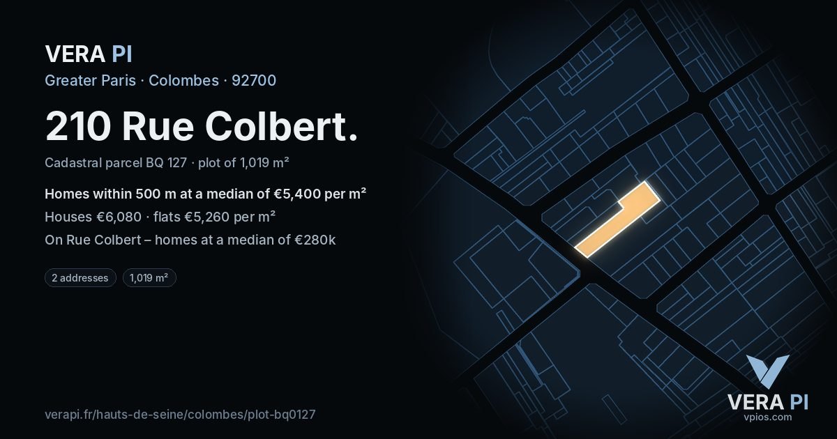 210 Rue Colbert, Colombes at night – the plot lit, the parcels around coloured by the prices near them