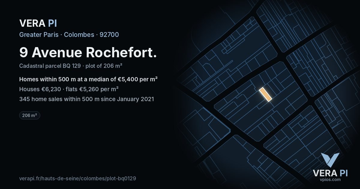 9 Avenue Rochefort, Colombes at night – the plot lit, the parcels around coloured by the prices near them