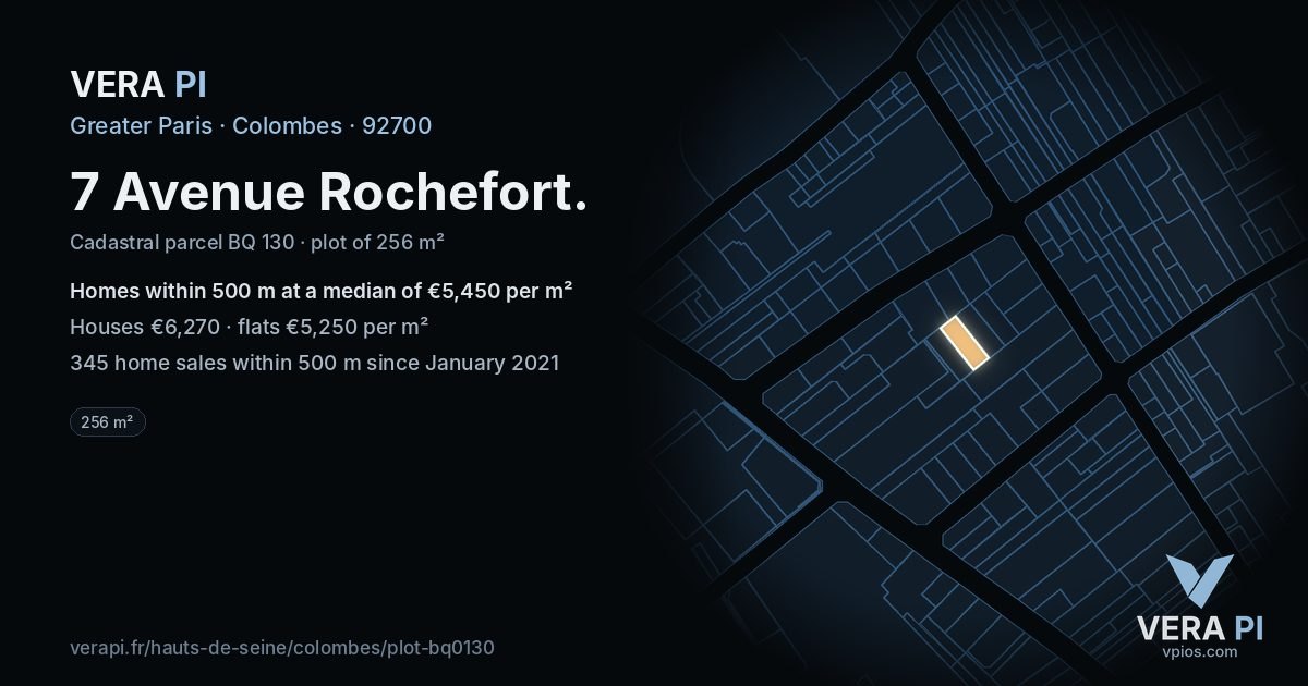 7 Avenue Rochefort, Colombes at night – the plot lit, the parcels around coloured by the prices near them