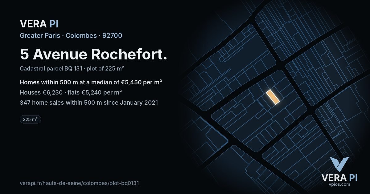 5 Avenue Rochefort, Colombes at night – the plot lit, the parcels around coloured by the prices near them
