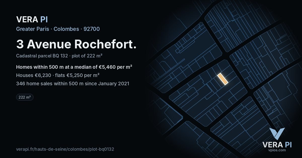 3 Avenue Rochefort, Colombes at night – the plot lit, the parcels around coloured by the prices near them