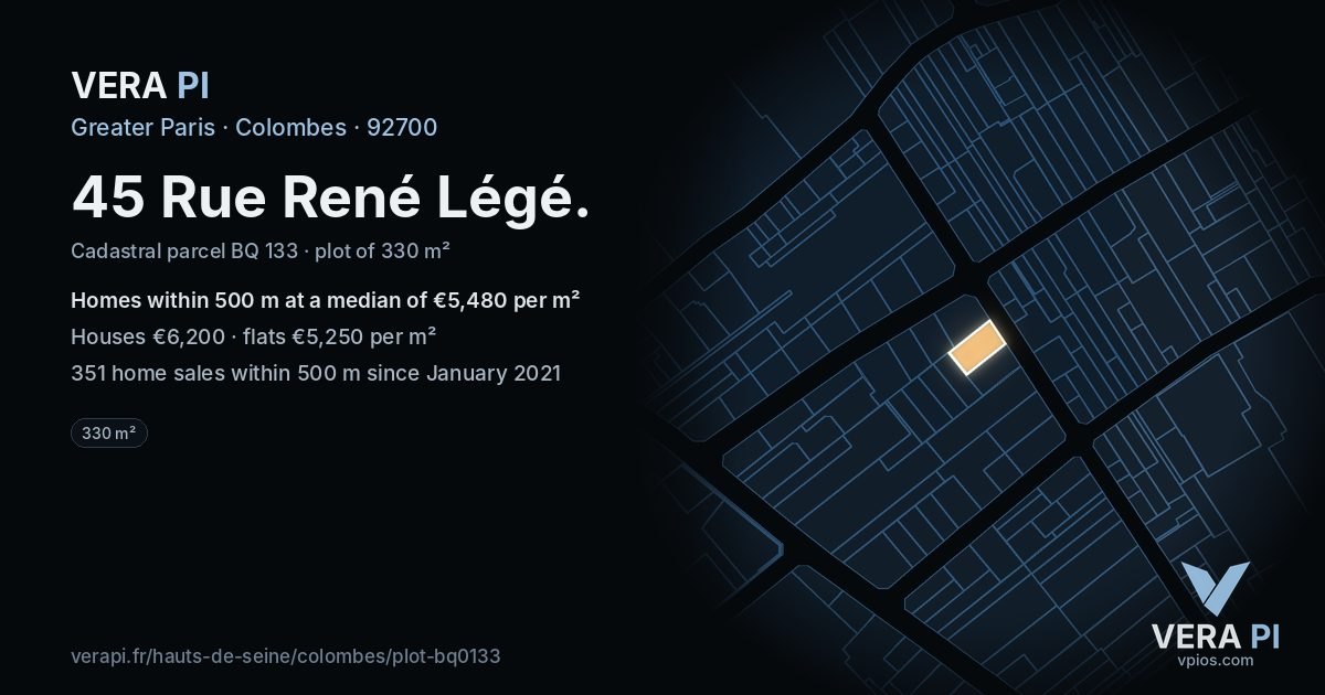 45 Rue René Légé, Colombes at night – the plot lit, the parcels around coloured by the prices near them