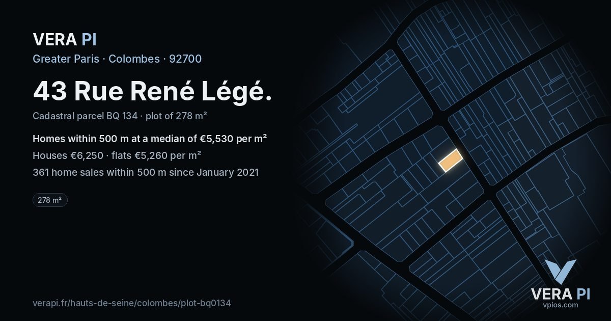 43 Rue René Légé, Colombes at night – the plot lit, the parcels around coloured by the prices near them
