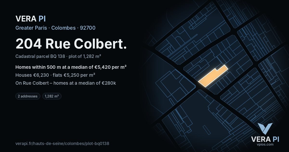 204 Rue Colbert, Colombes at night – the plot lit, the parcels around coloured by the prices near them