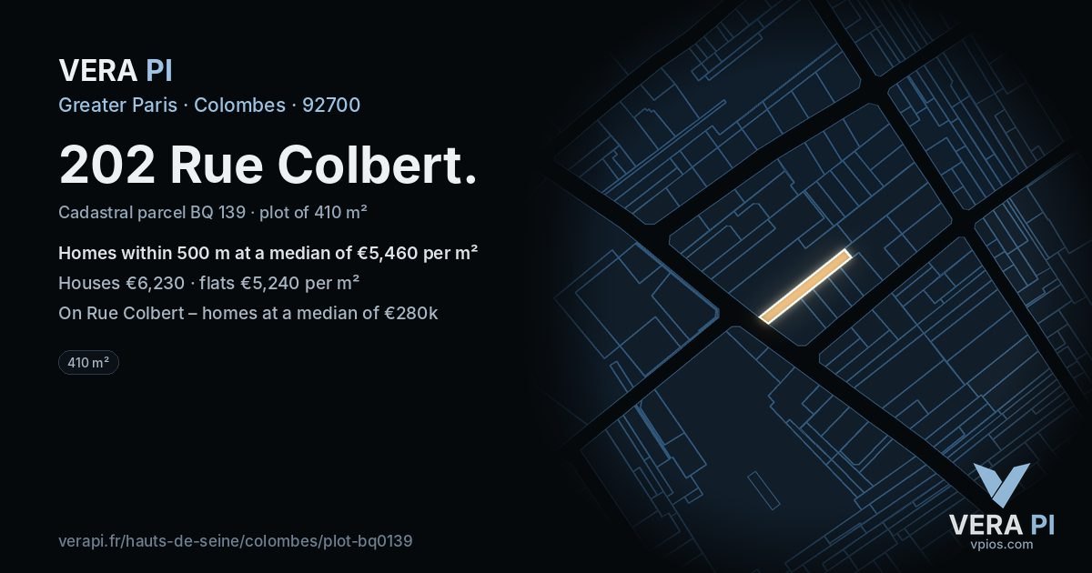 202 Rue Colbert, Colombes at night – the plot lit, the parcels around coloured by the prices near them