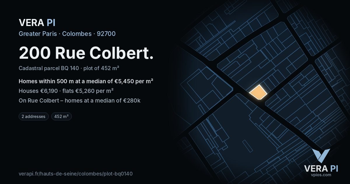 200 Rue Colbert, Colombes at night – the plot lit, the parcels around coloured by the prices near them