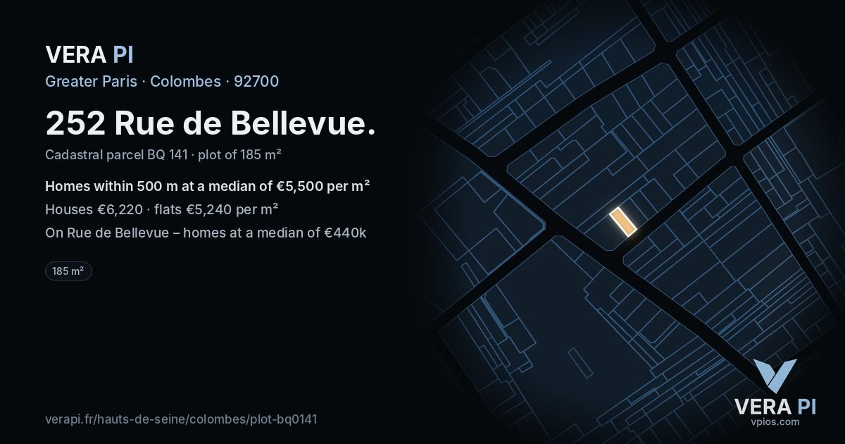 252 Rue de Bellevue, Colombes at night – the plot lit, the parcels around coloured by the prices near them