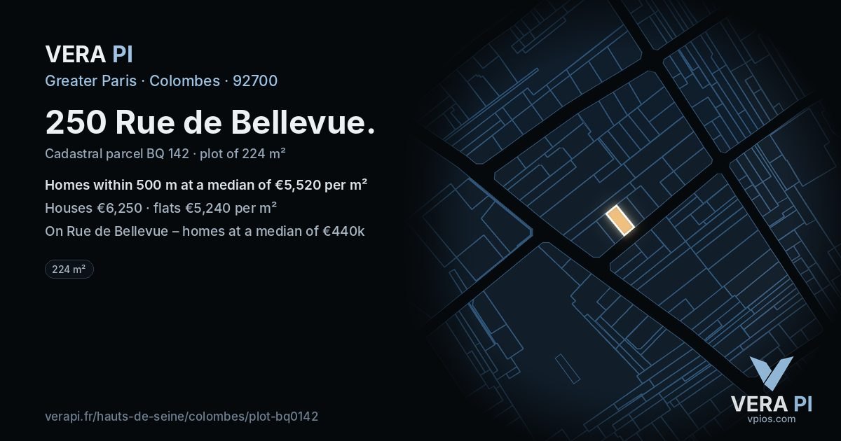 250 Rue de Bellevue, Colombes at night – the plot lit, the parcels around coloured by the prices near them