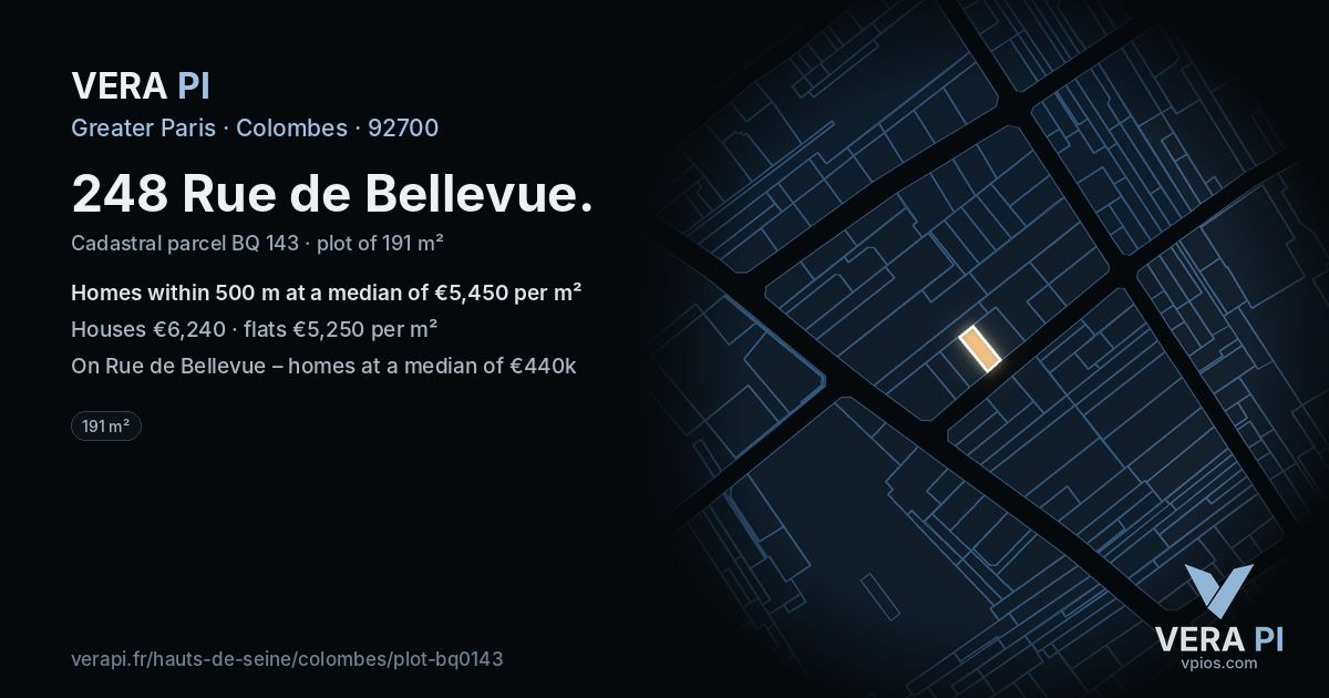 248 Rue de Bellevue, Colombes at night – the plot lit, the parcels around coloured by the prices near them