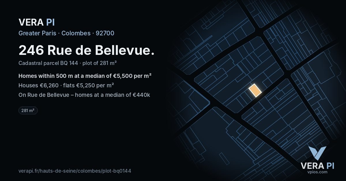 246 Rue de Bellevue, Colombes at night – the plot lit, the parcels around coloured by the prices near them