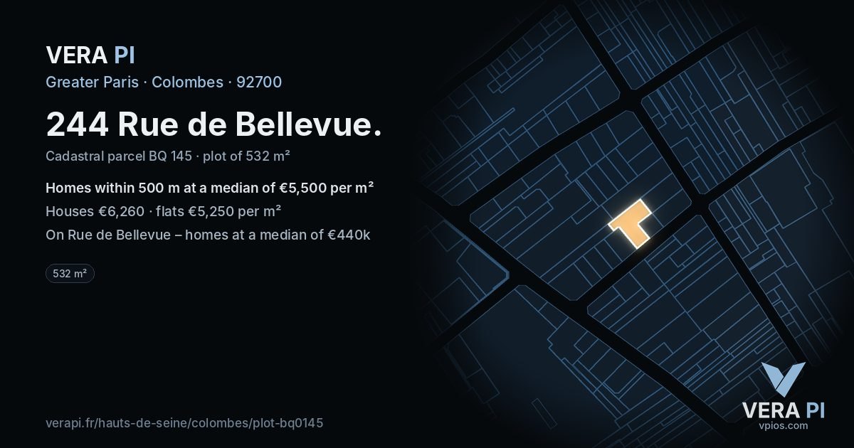 244 Rue de Bellevue, Colombes at night – the plot lit, the parcels around coloured by the prices near them