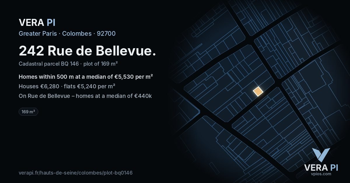 242 Rue de Bellevue, Colombes at night – the plot lit, the parcels around coloured by the prices near them