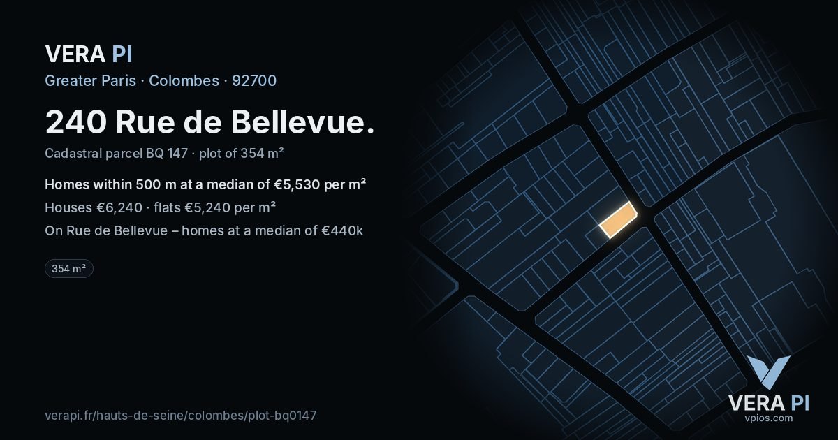 240 Rue de Bellevue, Colombes at night – the plot lit, the parcels around coloured by the prices near them