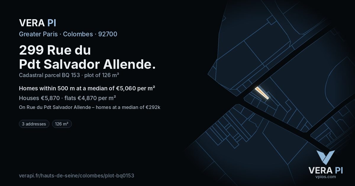 299 Rue du Pdt Salvador Allende, Colombes at night – the plot lit, the parcels around coloured by the prices near them