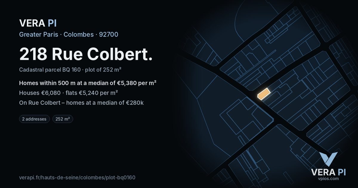 218 Rue Colbert, Colombes at night – the plot lit, the parcels around coloured by the prices near them