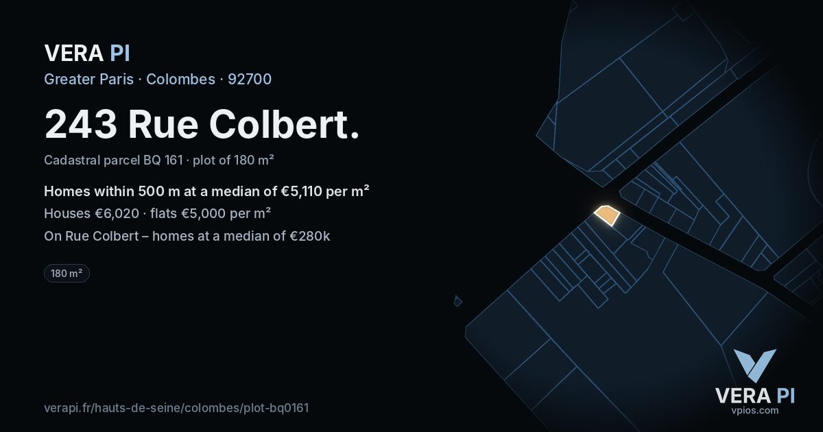 243 Rue Colbert, Colombes at night – the plot lit, the parcels around coloured by the prices near them