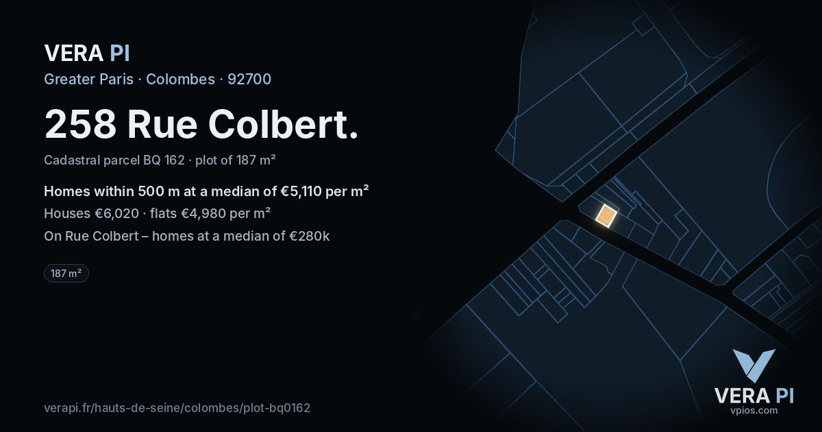 258 Rue Colbert, Colombes at night – the plot lit, the parcels around coloured by the prices near them